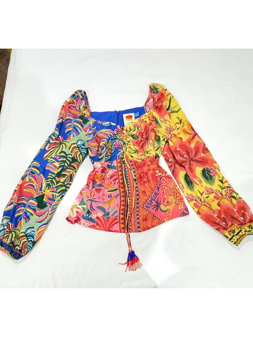 Farm Rio Anthropologie Tropical Floral Print Multicolor Puff Sleeve Top- Size Xs